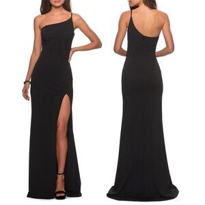 LA FEMME One-Shoulder Jersey Gown in Black Size US 8